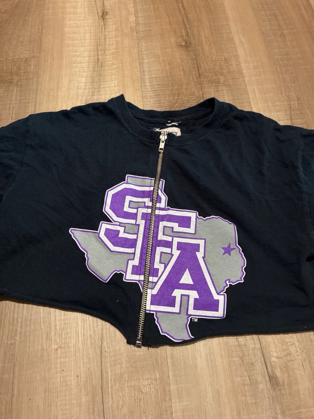 Kids Black Zip-Front Graphic Crop Top with Purple & Gray Logo